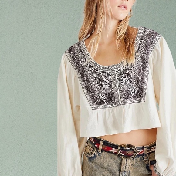 NWT FREE PEOPLE Iggie Embroidered Scoop Neck Long Sleeve Cotton Crop Top/Md - Picture 2 of 16